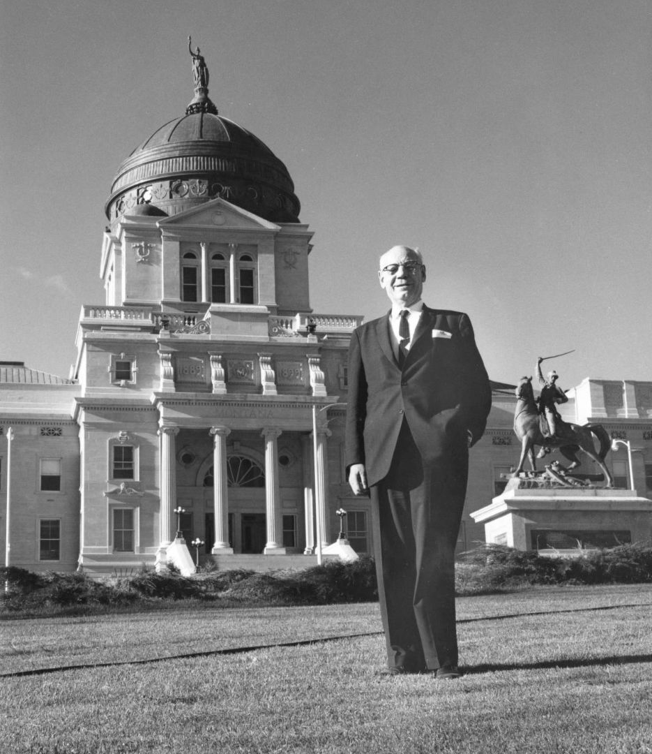 Gov. J. Hugo Aronson in front of Montana State Capitol, circa 1950s